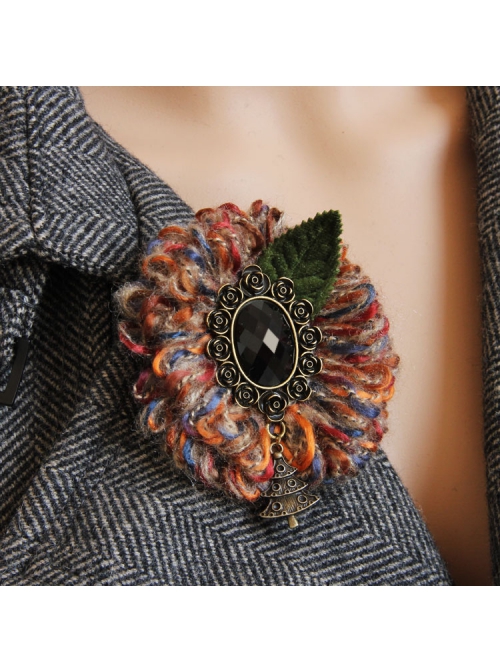 Christmas Holiday Colored Yarn Black Gems Rose Leaves Handmade Antique Female Brooch Buckle