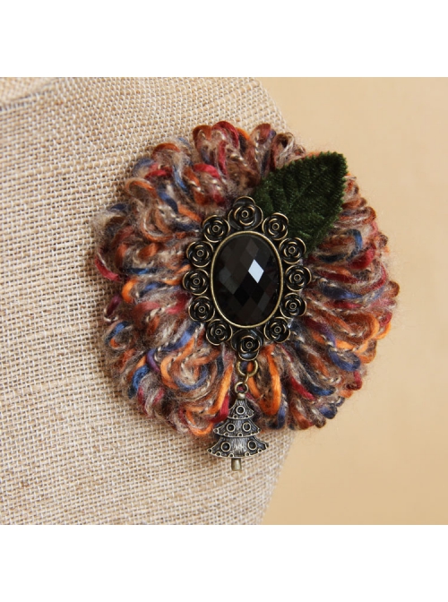 Christmas Holiday Colored Yarn Black Gems Rose Leaves Handmade Antique Female Brooch Buckle