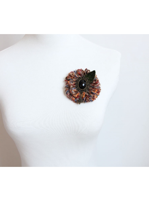 Christmas Holiday Colored Yarn Black Gems Rose Leaves Handmade Antique Female Brooch Buckle