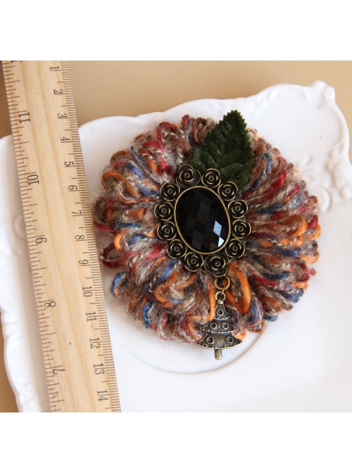 Christmas Holiday Colored Yarn Black Gems Rose Leaves Handmade Antique Female Brooch Buckle