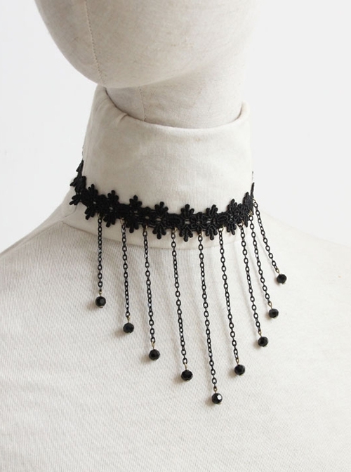 Fashion Gothic Retro Party Black Tassel Lace Flowers Female Choker