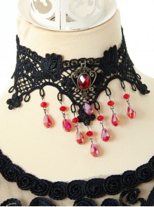 Gothic Beaded Black Lace Flower Ruby Retro Personality Fashion Necklace