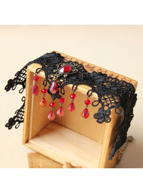 Gothic Beaded Black Lace Flower Ruby Retro Personality Fashion Necklace