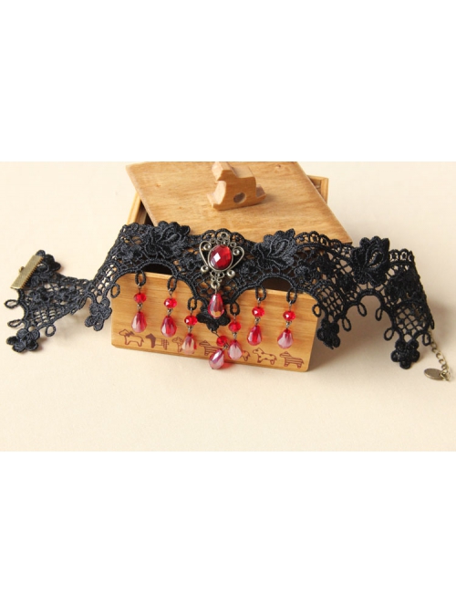 Gothic Beaded Black Lace Flower Ruby Retro Personality Fashion Necklace