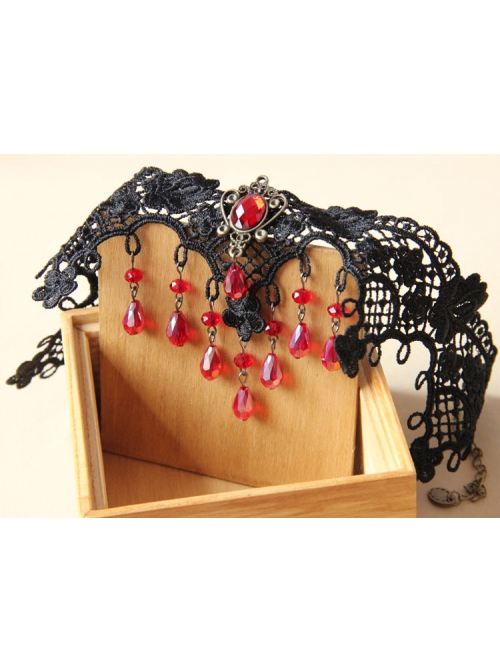 Gothic Beaded Black Lace Flower Ruby Retro Personality Fashion Necklace