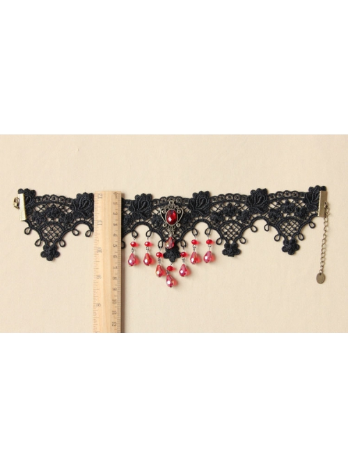 Gothic Beaded Black Lace Flower Ruby Retro Personality Fashion Necklace