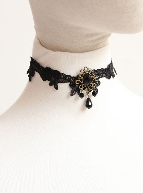 Fashion Gothic Retro Sexy Black Lace Leaves Gemstone Choker
