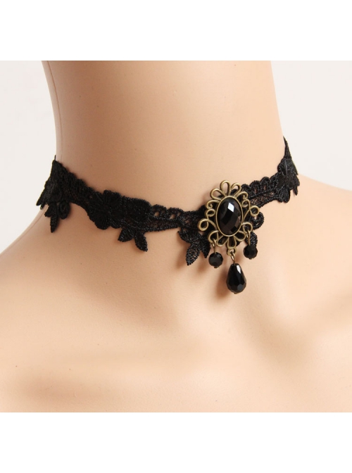 Fashion Gothic Retro Sexy Black Lace Leaves Gemstone Choker