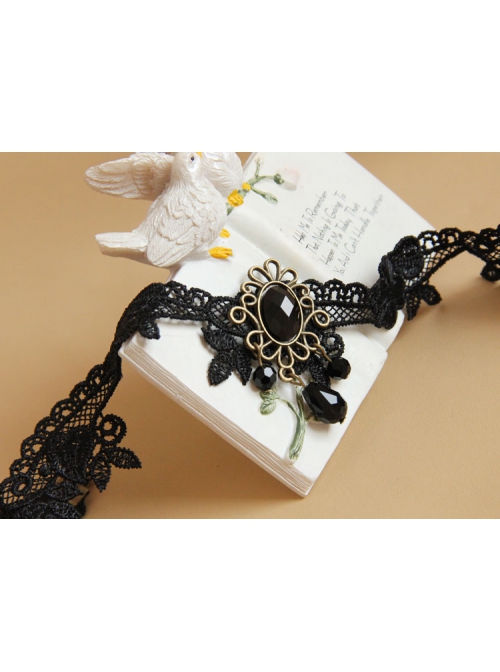 Fashion Gothic Retro Sexy Black Lace Leaves Gemstone Choker