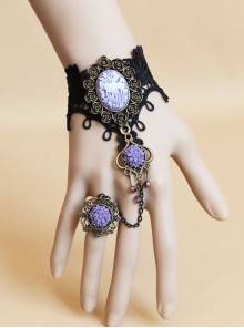 Gothic Retro Fashion Purple Flower Black Crystal Lace Bracelet With Ring One Chain