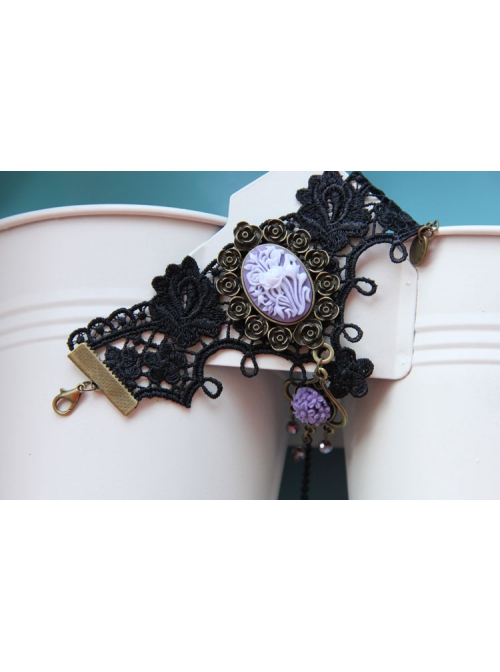 Gothic Retro Fashion Purple Flower Black Crystal Lace Bracelet With Ring One Chain