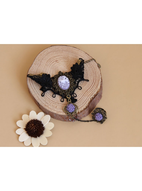 Gothic Retro Fashion Purple Flower Black Crystal Lace Bracelet With Ring One Chain
