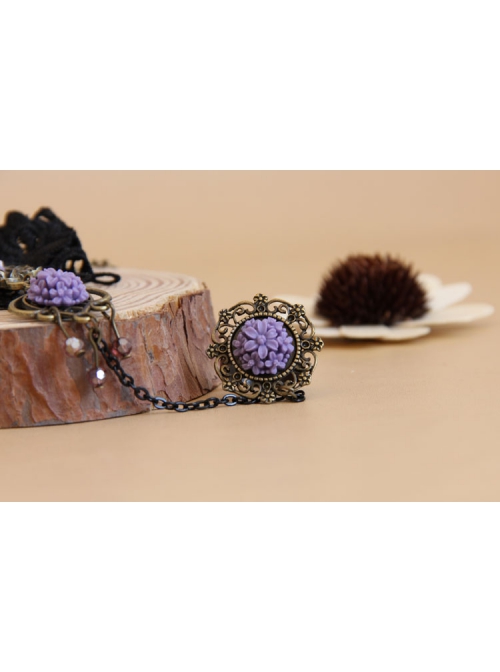 Gothic Retro Fashion Purple Flower Black Crystal Lace Bracelet With Ring One Chain