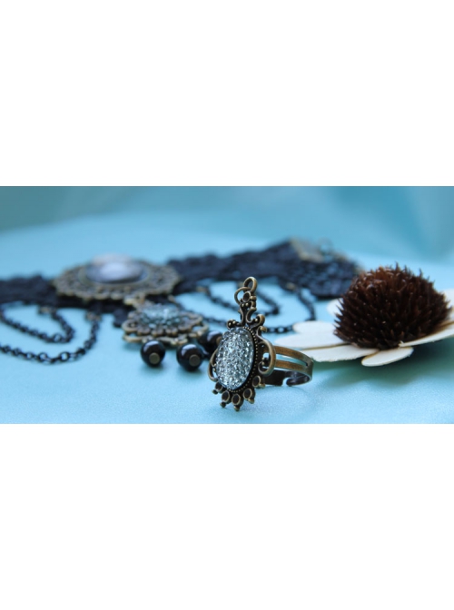 Gothic Retro Fashion Purple Flower Black Crystal Lace Bracelet With Ring One Chain