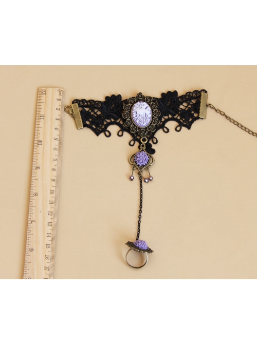 Gothic Retro Fashion Purple Flower Black Crystal Lace Bracelet With Ring One Chain