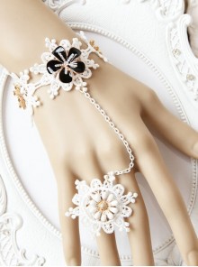 Retro Baroque Fashion Black Flower White Snowflake Lace Rhinestone Bracelet Ring One Chain