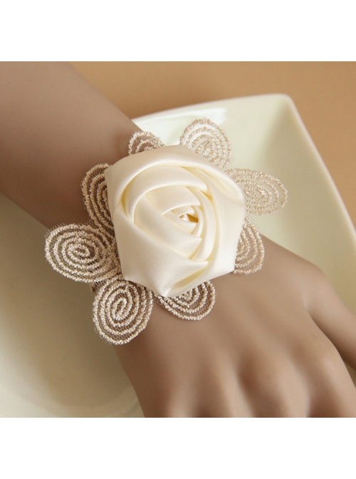 Retro Fashion White Rose Flower Golden Lace Bride Wedding Dress Bracelet