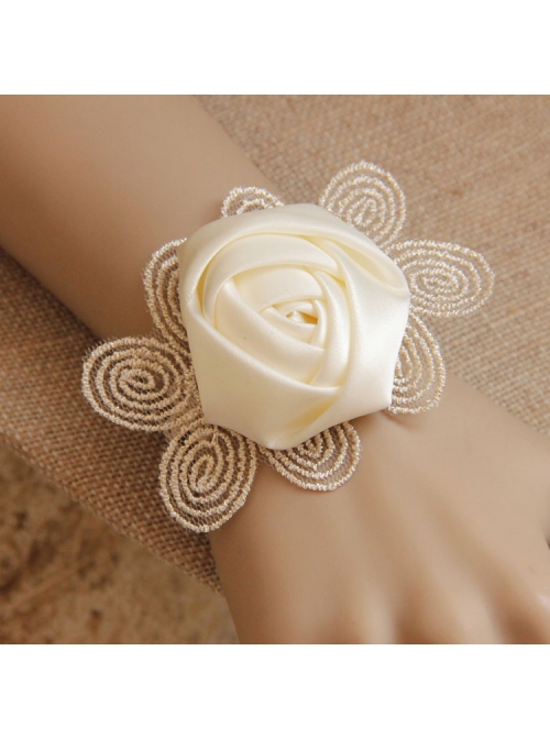 Retro Fashion White Rose Flower Golden Lace Bride Wedding Dress Bracelet