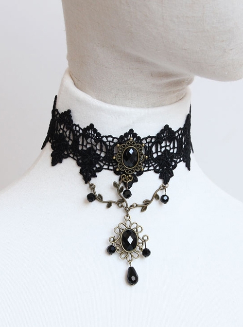 Punk Gothic Retro Black Gems Lace Leaves Personality Creative Female Choker