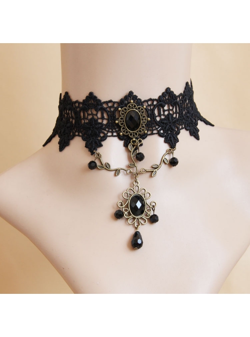 Punk Gothic Retro Black Gems Lace Leaves Personality Creative Female Choker