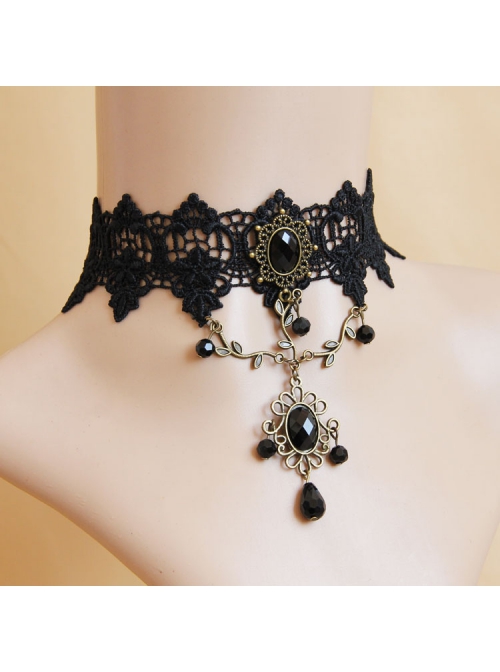 Punk Gothic Retro Black Gems Lace Leaves Personality Creative Female Choker