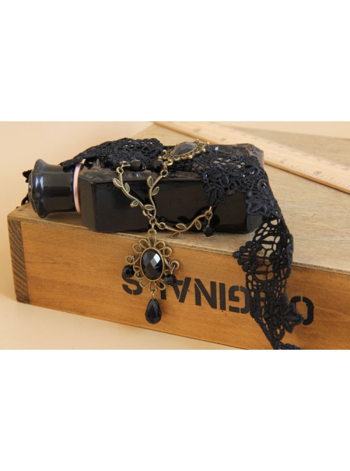 Punk Gothic Retro Black Gems Lace Leaves Personality Creative Female Choker