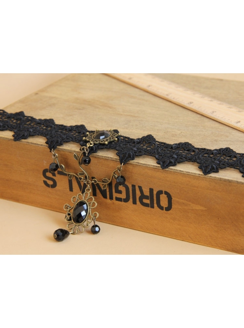 Punk Gothic Retro Black Gems Lace Leaves Personality Creative Female Choker