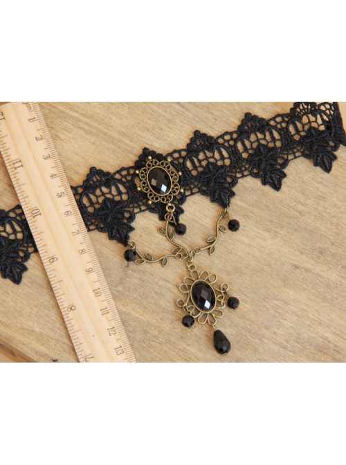 Punk Gothic Retro Black Gems Lace Leaves Personality Creative Female Choker