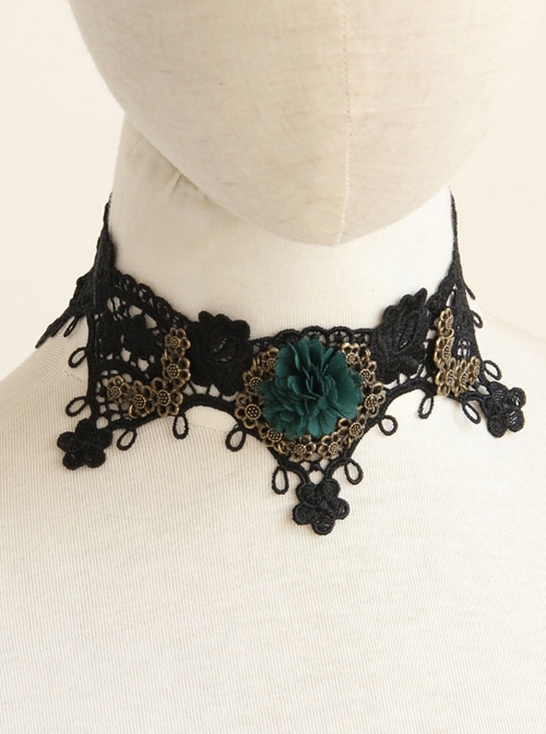 Retro Gothic Black Fashion Sexy Lace Dark Green Flowers Female Choker