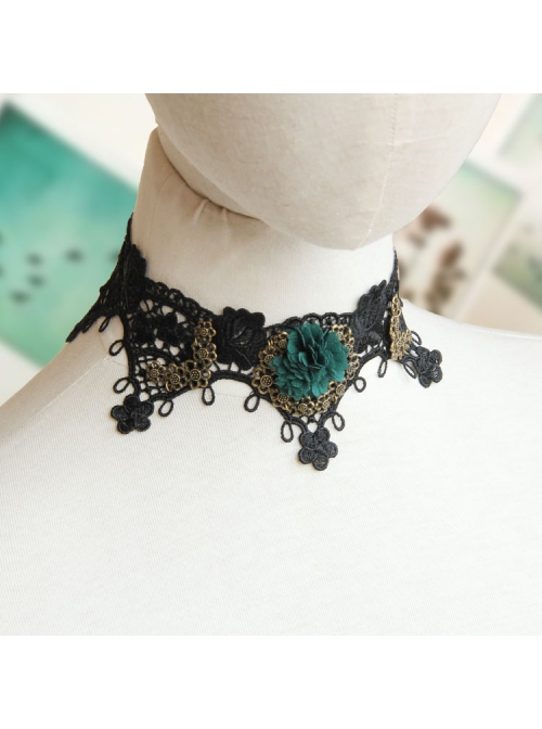 Retro Gothic Black Fashion Sexy Lace Dark Green Flowers Female Choker