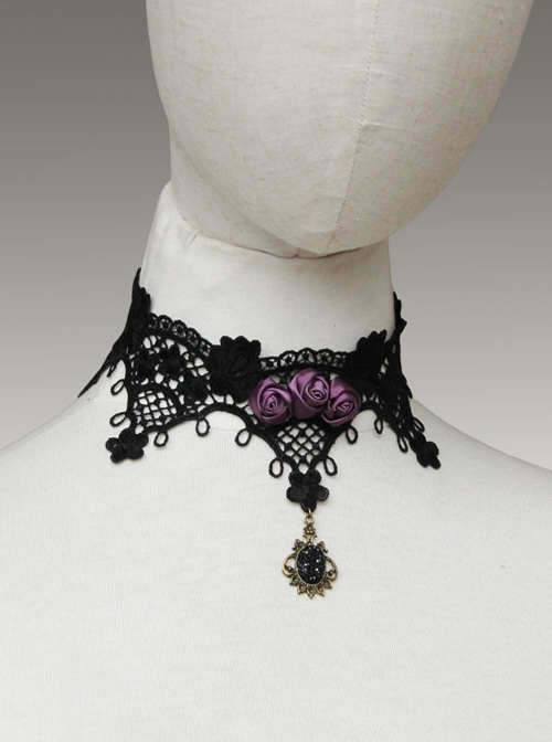 Gothic Retro Fashion Party Black Female Lace Gemstone Pink Rose Wedding Dress Choker