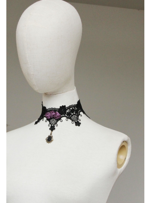 Gothic Retro Fashion Party Black Female Lace Gemstone Pink Rose Wedding Dress Choker