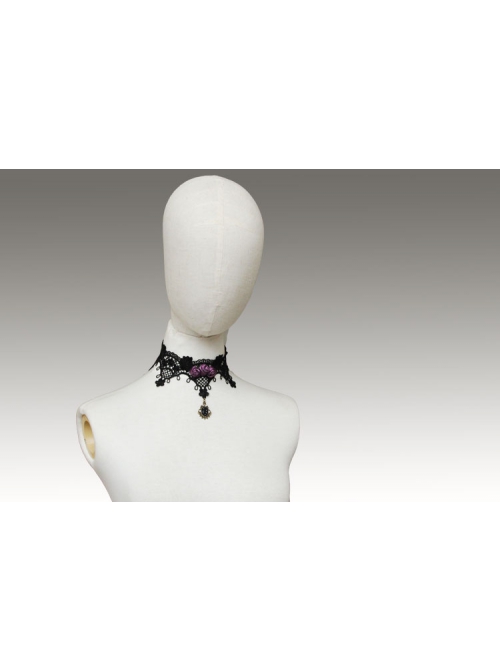 Gothic Retro Fashion Party Black Female Lace Gemstone Pink Rose Wedding Dress Choker