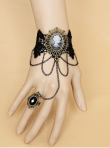 Gothic Vampire Beauty Portrait Retro Tassel Black Lace Female Bracelet With Ring One Chain