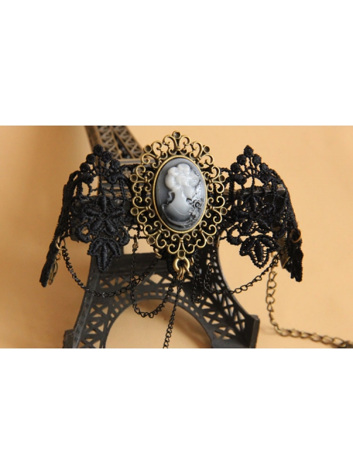 Gothic Vampire Beauty Portrait Retro Tassel Black Lace Female Bracelet With Ring One Chain
