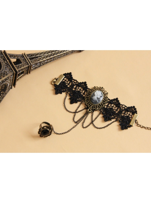 Gothic Vampire Beauty Portrait Retro Tassel Black Lace Female Bracelet With Ring One Chain