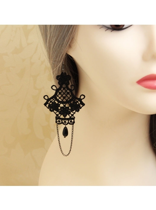 Gothic Fashion Black Lace Flower Pearl Tassel Handmade Retro Female Long Earrings