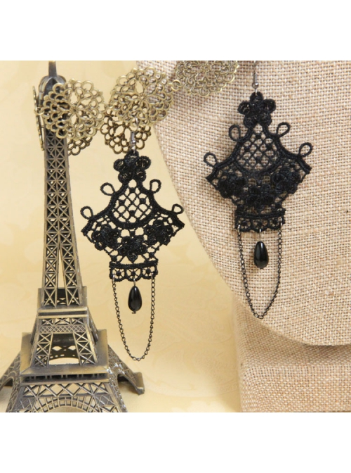 Gothic Fashion Black Lace Flower Pearl Tassel Handmade Retro Female Long Earrings