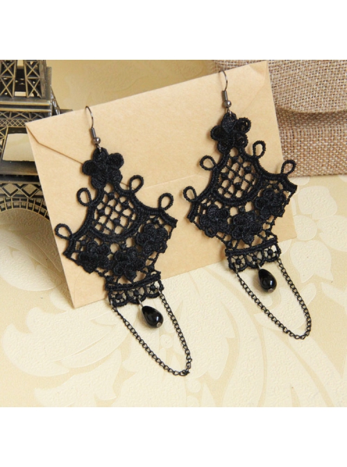 Gothic Fashion Black Lace Flower Pearl Tassel Handmade Retro Female Long Earrings