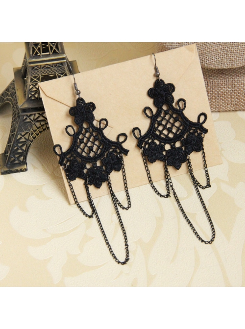 Gothic Black Lace Flower Retro Tassel Exaggerated Female Long Earrings