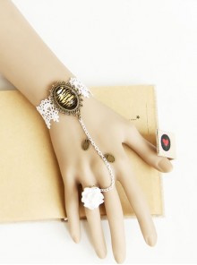 Fashion White Lace Rose Stage Exaggerated Trend Female Bracelet Ring One Chain