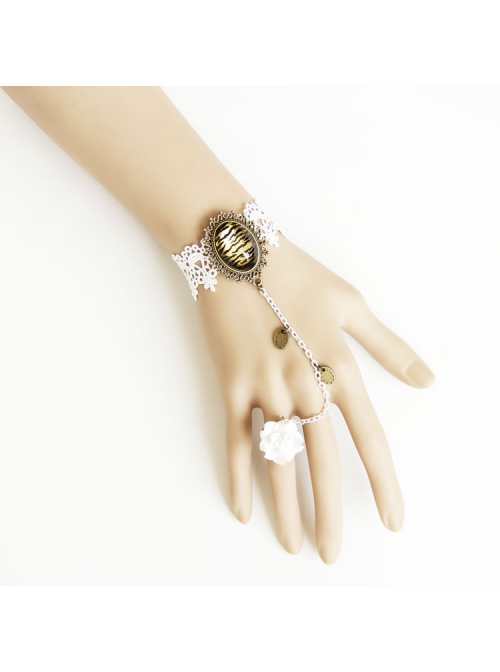 Fashion White Lace Rose Stage Exaggerated Trend Female Bracelet Ring One Chain