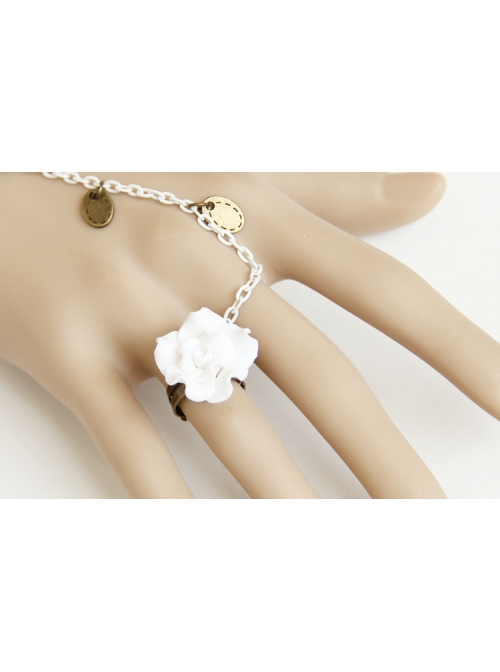 Fashion White Lace Rose Stage Exaggerated Trend Female Bracelet Ring One Chain