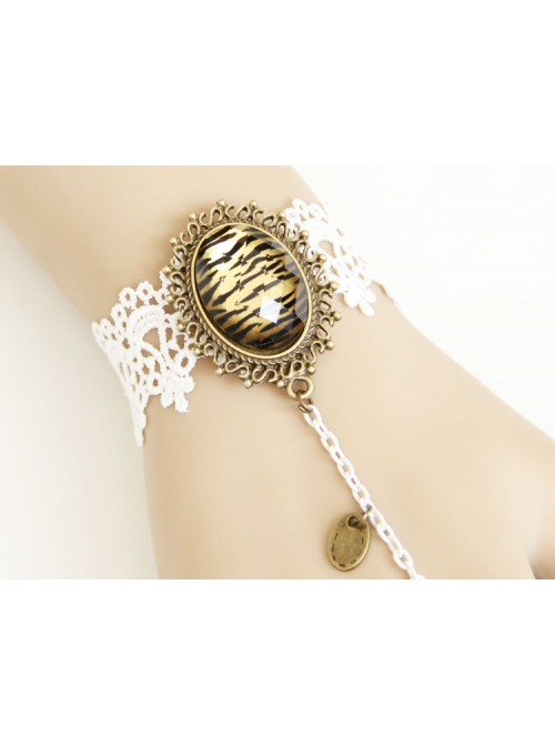 Fashion White Lace Rose Stage Exaggerated Trend Female Bracelet Ring One Chain