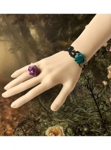 Gothic Retro Black Lace Dark Green Purple Rose Flower Female Band Ring Bracelet Wristband