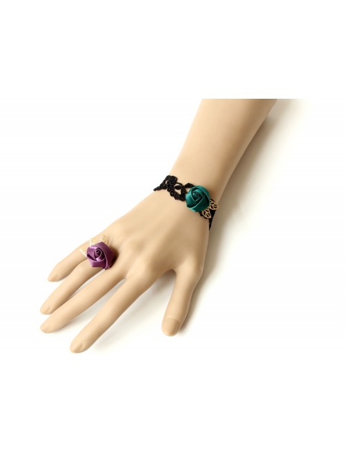 Gothic Retro Black Lace Dark Green Purple Rose Flower Female Band Ring Bracelet Wristband