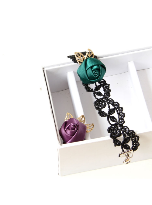 Gothic Retro Black Lace Dark Green Purple Rose Flower Female Band Ring Bracelet Wristband