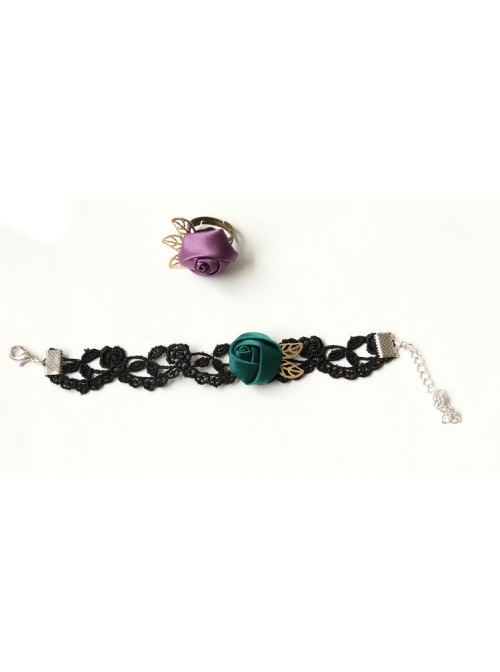 Gothic Retro Black Lace Dark Green Purple Rose Flower Female Band Ring Bracelet Wristband
