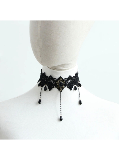 Palace Retro Fashion Gothic Black Lace Flowers Tassels Gems Exaggerated Choker