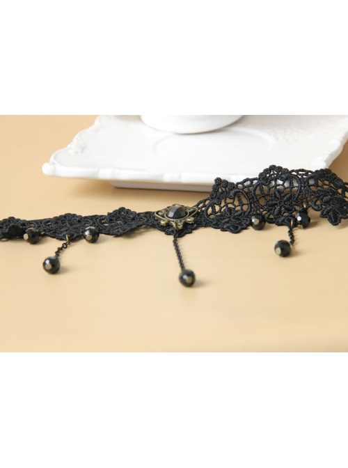 Palace Retro Fashion Gothic Black Lace Flowers Tassels Gems Exaggerated Choker